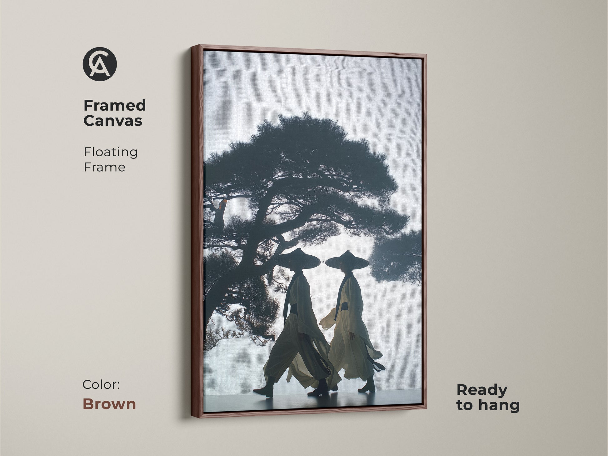 Framed canvas art featuring silhouetted figures under a pine tree. The Japandi wall decor has a floating frame. This dark blue beige canvas is ready to hang in a brown frame. A minimalist home office art or a thoughtful travel gift.