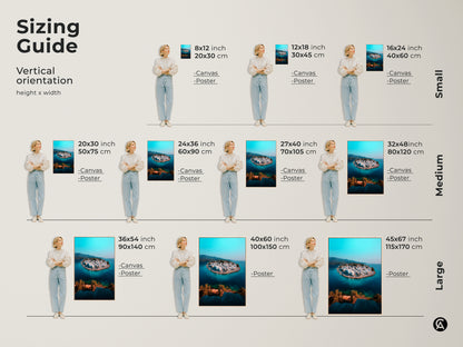 This sizing guide shows various art print sizes each featuring an aerial view of a coastal island village. Visualize the artwork in different dimensions perfect for any space. See how the turquoise and white townscape fits into your home with these versatile options for modern coastal decor and travel-inspired settings.