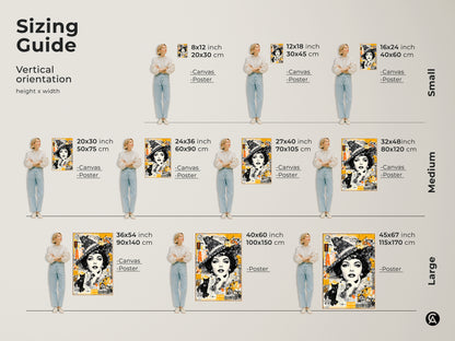 Sizing guide for vertical artwork featuring a collage of a witch and black cat. See how different sizes fit in a room. Available as canvas or poster print to suit any aesthetic
