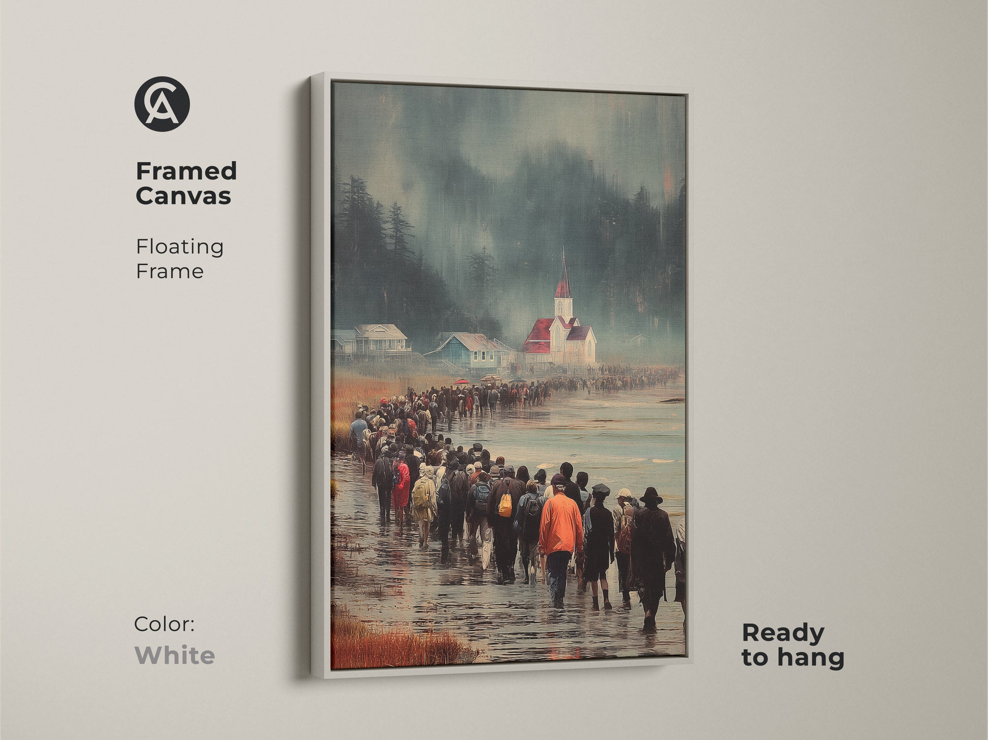 Framed canvas presents a figurative procession to church as coastal town wall art. The White floating frame highlights the blue red and teal artwork. It is ready to hang. This piece offers a unique story and a polished look. This art complements contemporary interiors