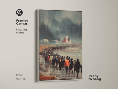 Framed canvas presents a figurative procession to church as coastal town wall art. The White floating frame highlights the blue red and teal artwork. It is ready to hang. This piece offers a unique story and a polished look. This art complements contemporary interiors