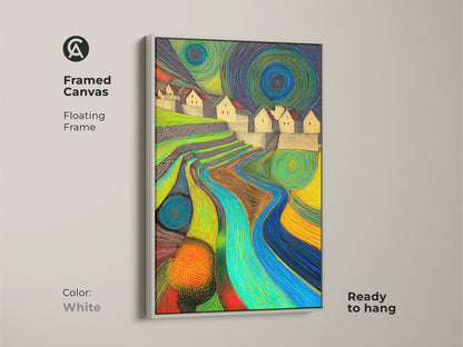 This canvas art print framed in white features an abstract landscape with terraced hills and a river. The green blue and yellow tones provide an eclectic touch to any space. Its ready to hang and makes a thoughtful gift.