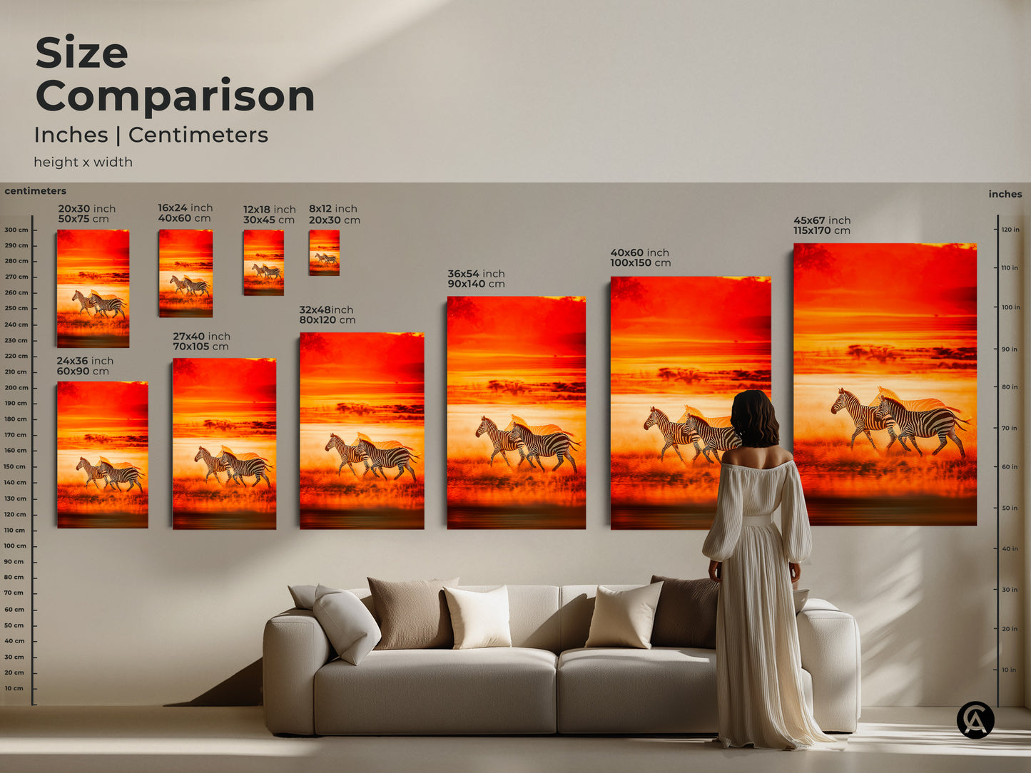 Size comparison of zebra art in inches and centimeters. Various sizes of canvas and poster prints shown. Perfect for residential wall decor. The sunset savanna art adds warmth to any room.