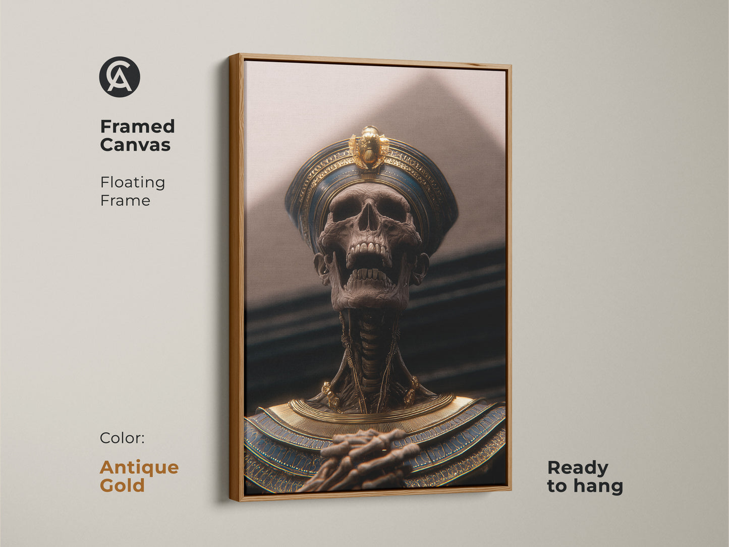 Antique gold framed canvas art of a pharaoh skeleton. The Dark Academia style blends gold blue tones ideal for study room or office decor. Ready to hang royal tomb wall art. This artistic Egyptian history print adds cultural richness. A unique man cave art piece.