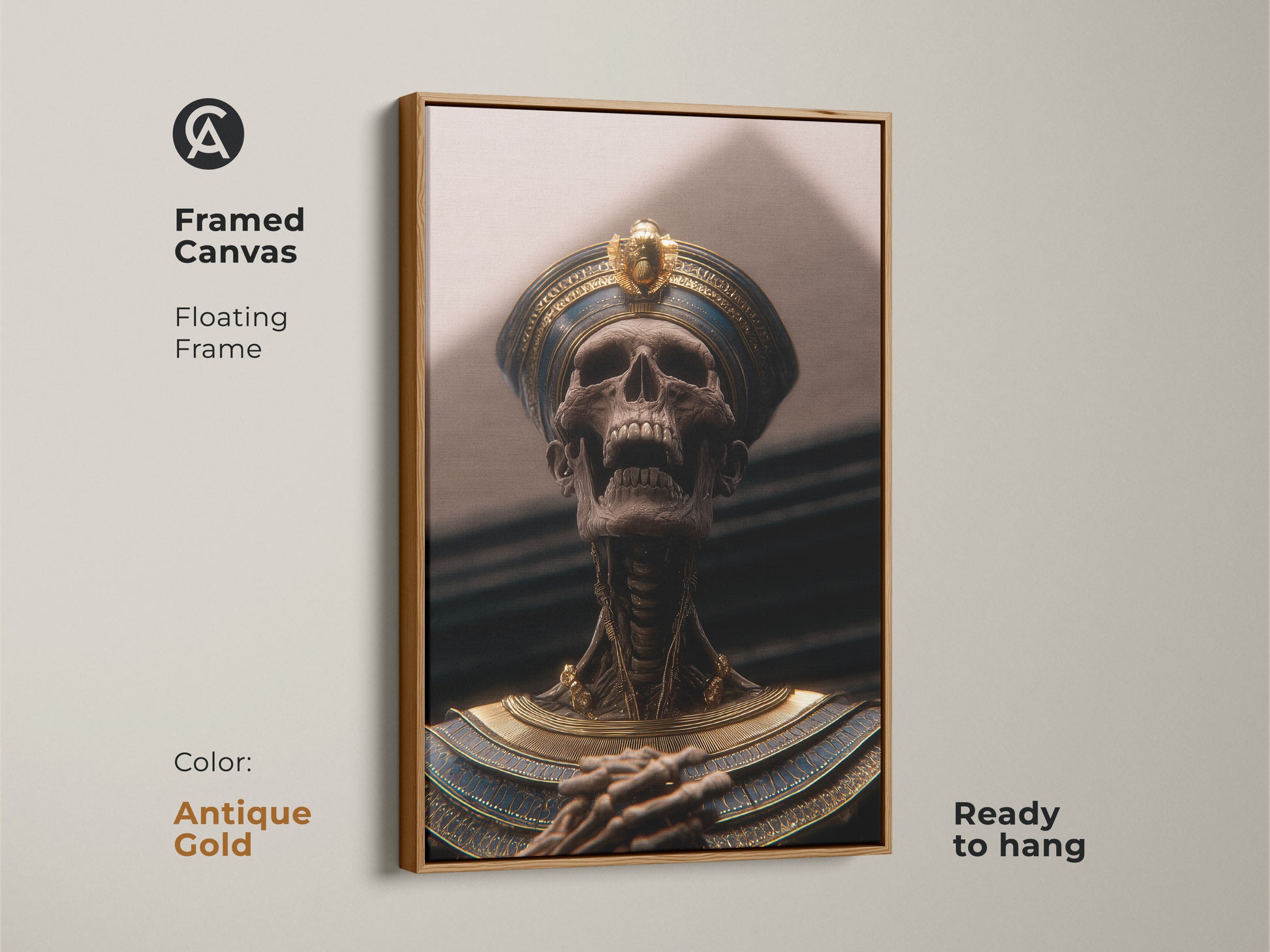 Antique gold framed canvas art of a pharaoh skeleton. The Dark Academia style blends gold blue tones ideal for study room or office decor. Ready to hang royal tomb wall art. This artistic Egyptian history print adds cultural richness. A unique man cave art piece.