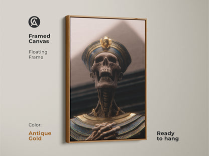 Antique gold framed canvas art of a pharaoh skeleton. The Dark Academia style blends gold blue tones ideal for study room or office decor. Ready to hang royal tomb wall art. This artistic Egyptian history print adds cultural richness. A unique man cave art piece.