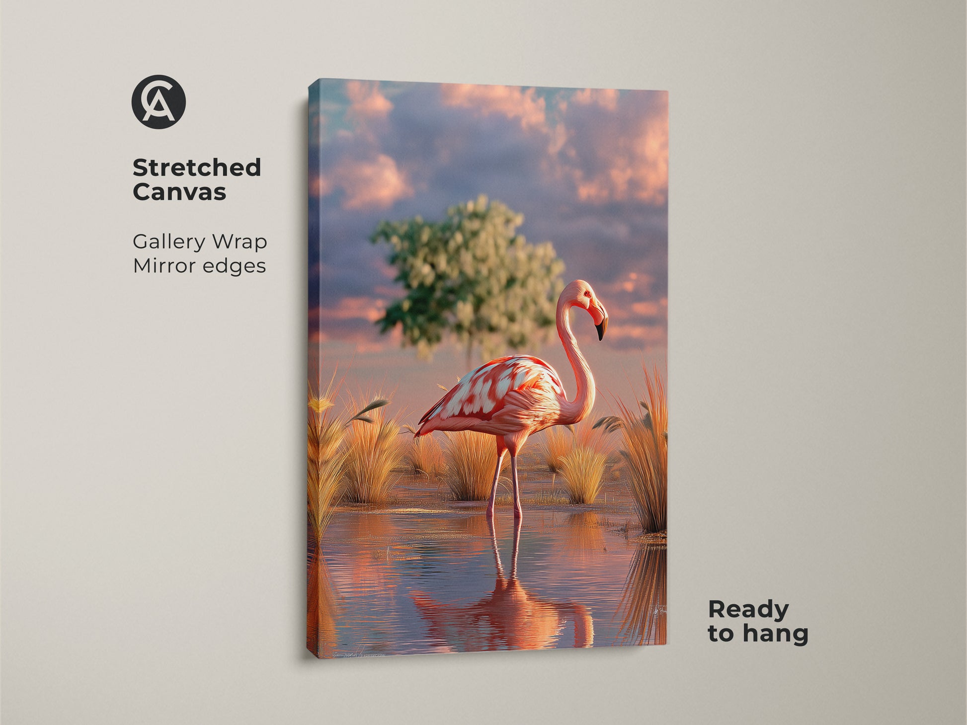 Stretched canvas print of a photorealistic flamingo in a serene savanna. Boho style with pink teal and orange hues. Ready to hang this gallery-wrapped canvas adds nature to any room. A unique bird lover gift.