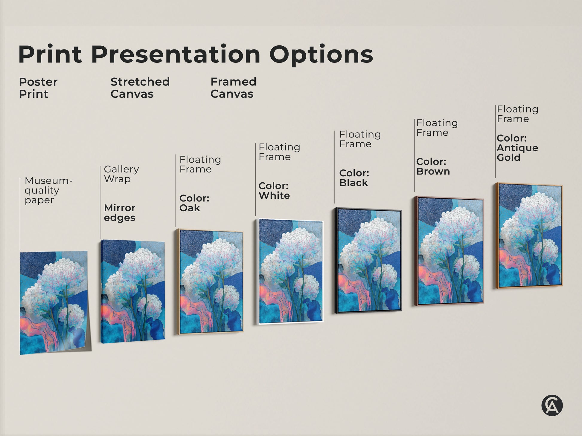 Framed canvas with a white floating frame featuring botanical abstract art. This modern home art is ready to hang. The teal pink floral canvas art adds a contemporary touch. It enhances any space with its fine art print.