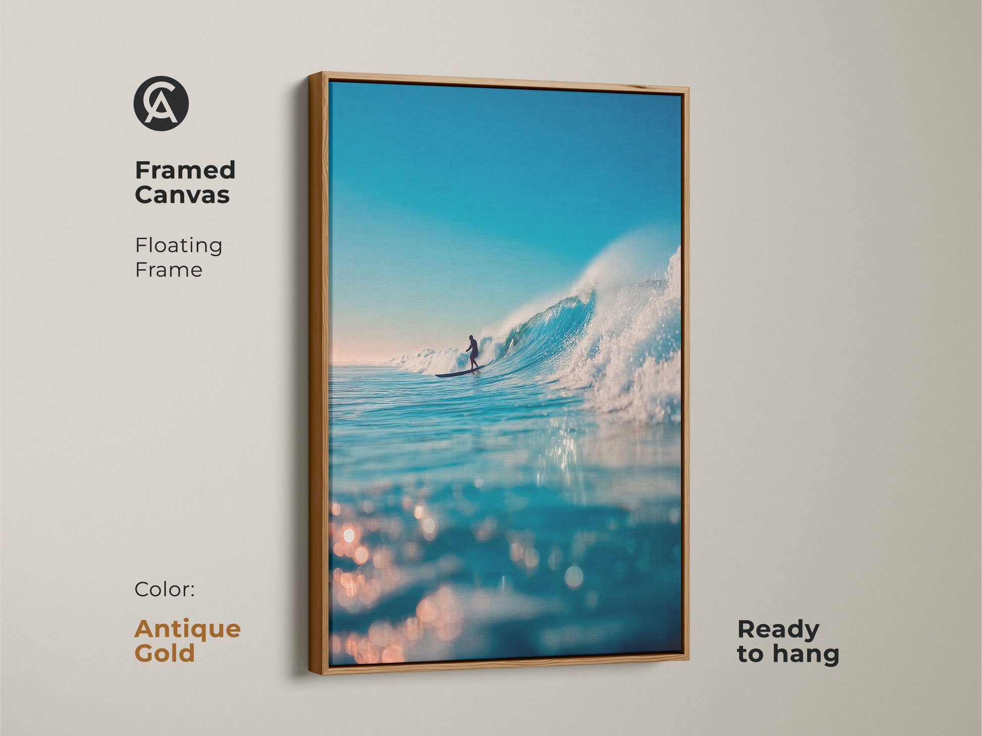 This framed canvas features ocean art of a surfer riding a wave. The floating frame is antique gold. It is ready to hang and enjoy. This unique piece adds elegance to your decor. Purchase this ready to hang artwork today.