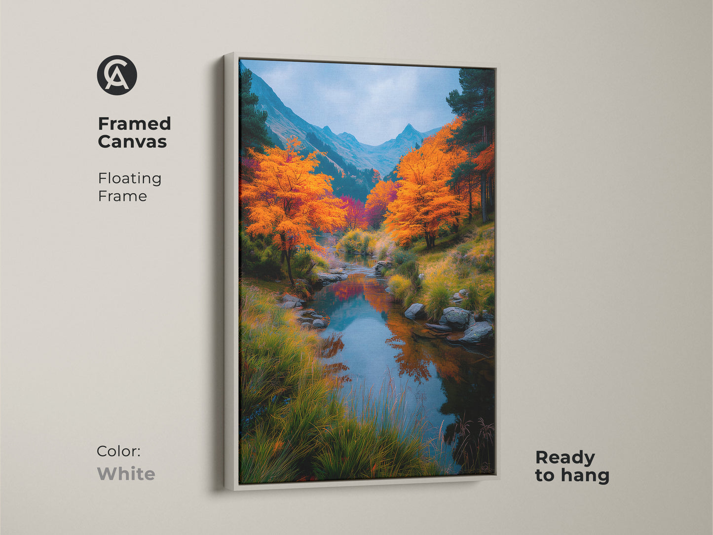 Framed canvas art showcasing a serene autumn river scene with a white floating frame. The ready-to-hang artwork provides a clean and modern look. The vibrant colors and peaceful landscape bring nature indoors for stylish home decor.