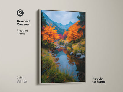 Framed canvas art showcasing a serene autumn river scene with a white floating frame. The ready-to-hang artwork provides a clean and modern look. The vibrant colors and peaceful landscape bring nature indoors for stylish home decor.