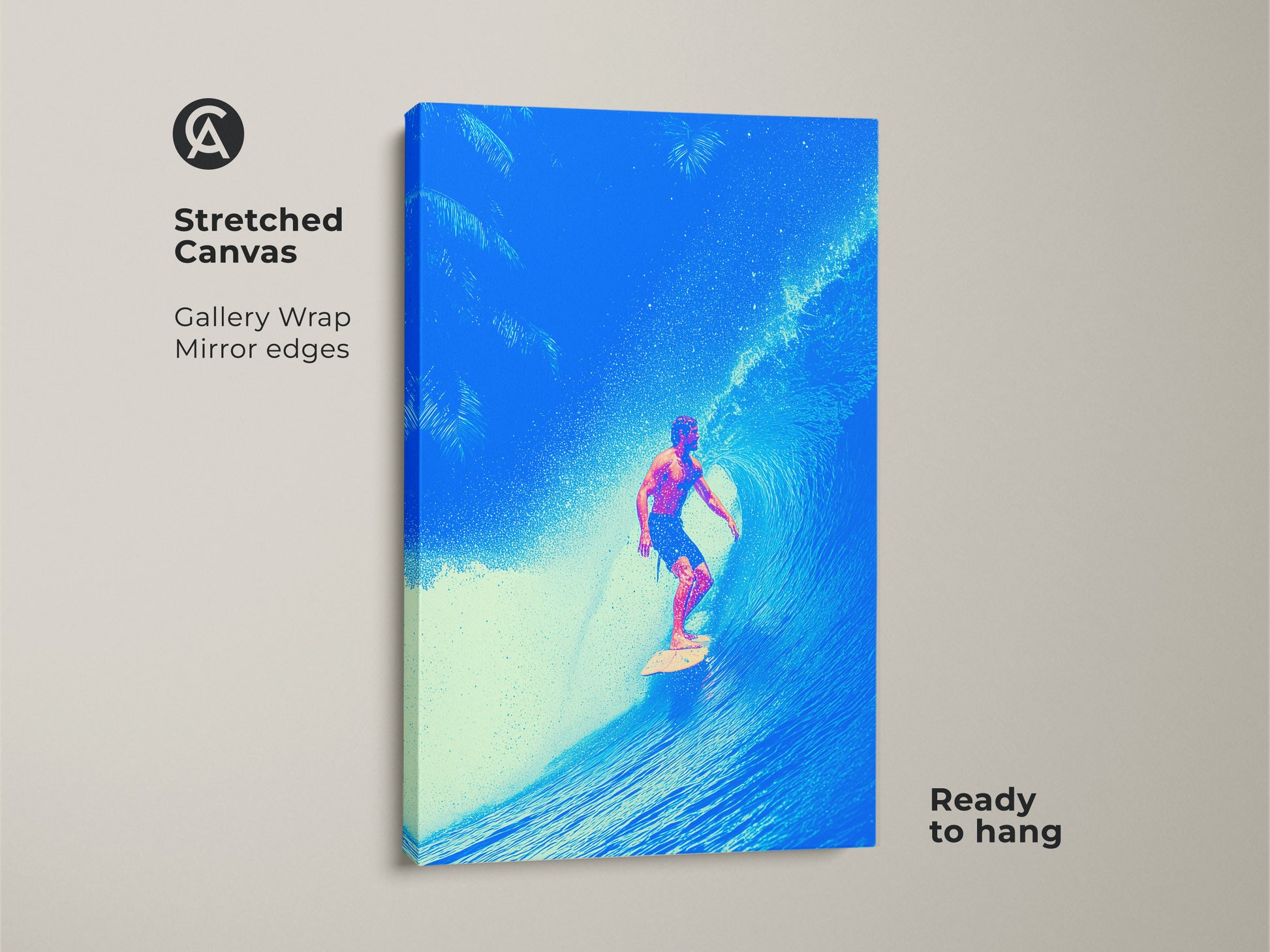 Stretched canvas gallery wrap of a surfer riding a deep blue ocean wave. This coastal artwork features palm tree accents. Ready to hang this modern surfer art brings a tropical beach vibe. Perfect surfer gift.