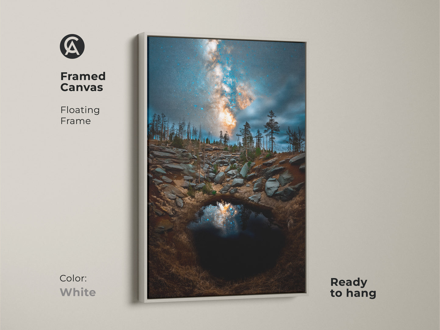 Framed canvas features a white floating frame. The deep blue night sky and cosmic galaxy print are eye-catching. This unique home accent is perfect for adding modern celestial art to your walls. Ready to hang.