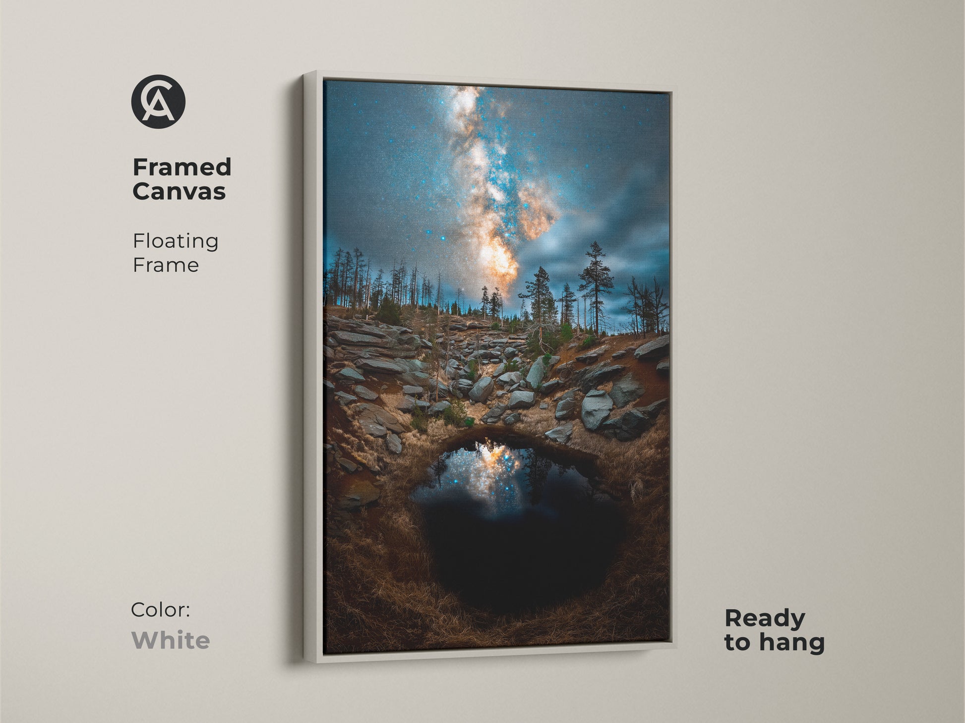 Framed canvas features a white floating frame. The deep blue night sky and cosmic galaxy print are eye-catching. This unique home accent is perfect for adding modern celestial art to your walls. Ready to hang.