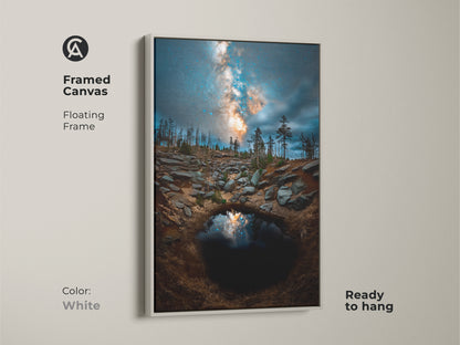 Framed canvas features a white floating frame. The deep blue night sky and cosmic galaxy print are eye-catching. This unique home accent is perfect for adding modern celestial art to your walls. Ready to hang.