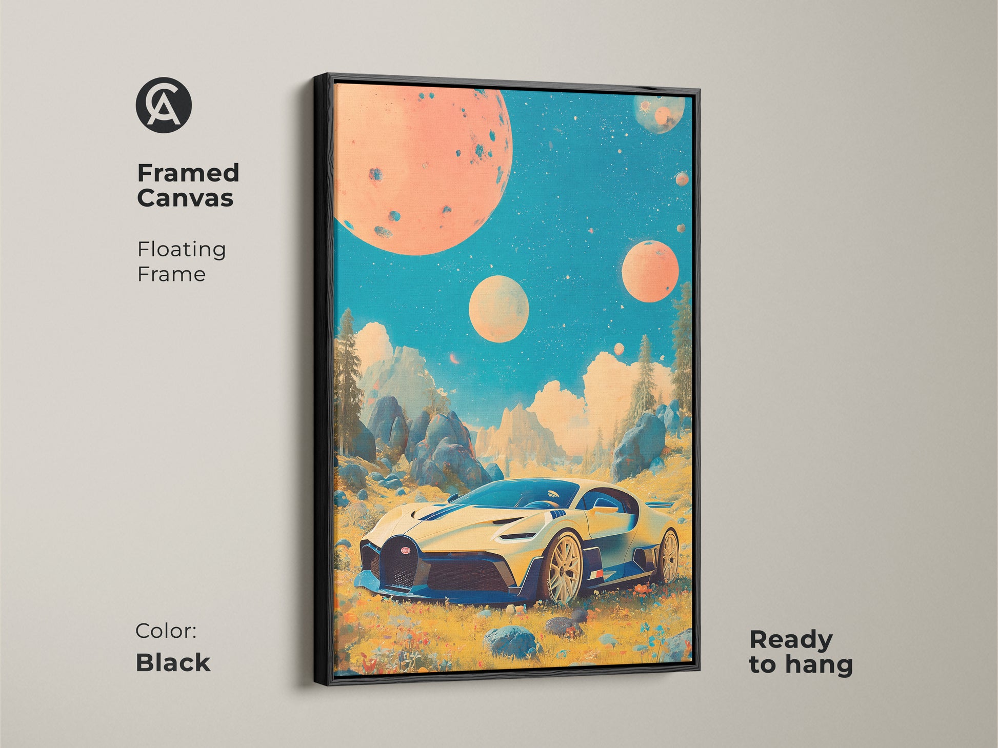 Framed in black this canvas art presents a retrofuturistic sci fi car and surreal planet artwork. The teal orange yellow hues enhance this automotive fantasy. Ready to hang it's an ideal eclectic piece for car lovers.