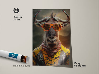 Wildebeest art poster print rolled in a tube. The surreal animal canvas features a wildebeest with orange sunglasses. Easy to frame wildlife portrait print. Eclectic bedroom decor for animal lovers. A cool animal portrait.