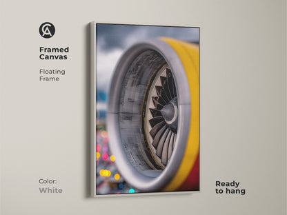 The white floating frame enhances the industrial aesthetic of the jet engine canvas. Ready to hang abstract turbine print for modern spaces. It's an ideal loft-style art piece. Great technology wall decor for airplane mechanic or aviation enthusiast.