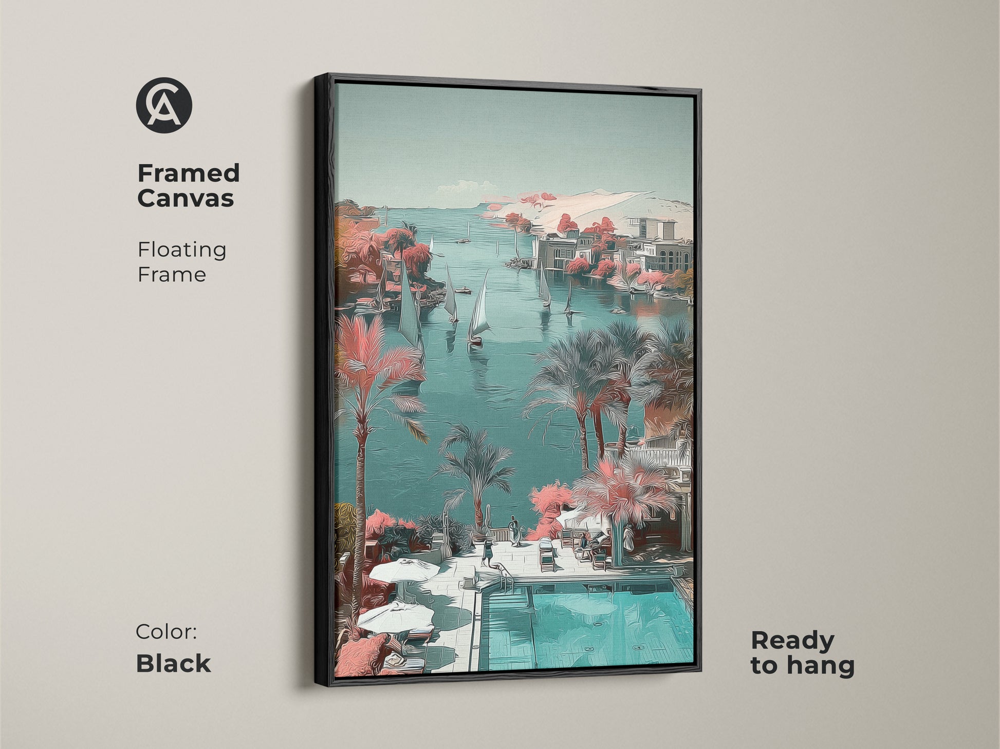 Framed coastal sailboat canvas art with a black floating frame. The teal aqua palm tree print serves as nautical landscape wall art. This beach house bedroom decor is ready to hang. A stylized coastal scene artwork.