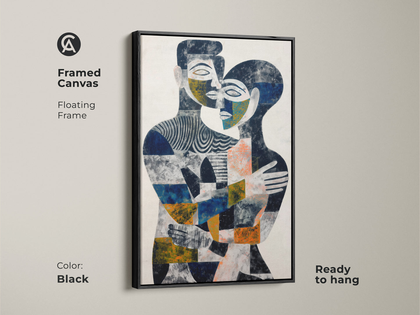 A close view of the wall art's edge. Indigo blue and orange tones create a striking contrast. This abstract couple artwork adds a modern touch. Perfect for eclectic decor. A thoughtful anniversary gift. This canvas print symbolizes love and connection.