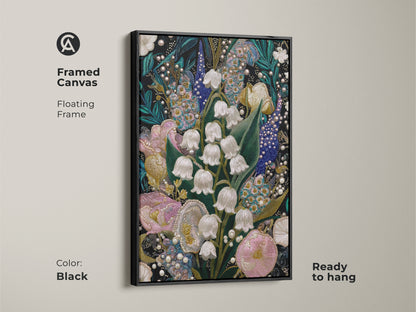Black framed canvas featuring Lily of the Valley & Tulip Embroidery Art. The floating frame enhances the textured floral artwork. Ready to hang this pink teal and white botanical art is ideal for maximalist spring home decor.