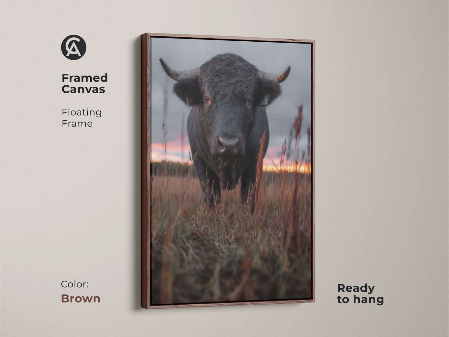 Framed canvas with a floating frame in brown. A rustic bull art print on canvas. Ideal for country style home decor. This wildlife animal painting is ready to hang. A thoughtful gift for him birthday ranch style wall art.