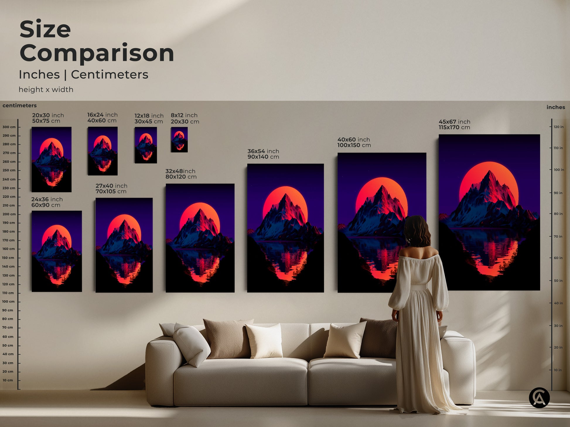 Size comparison of synthwave mountain sunset art prints. Visualize how different sizes fit above a couch. Choose from various dimensions in inches or centimeters. Enhance your living room with retro art.