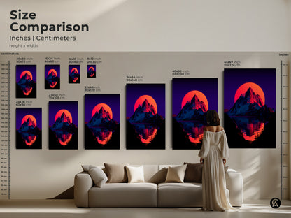Size comparison of synthwave mountain sunset art prints. Visualize how different sizes fit above a couch. Choose from various dimensions in inches or centimeters. Enhance your living room with retro art.