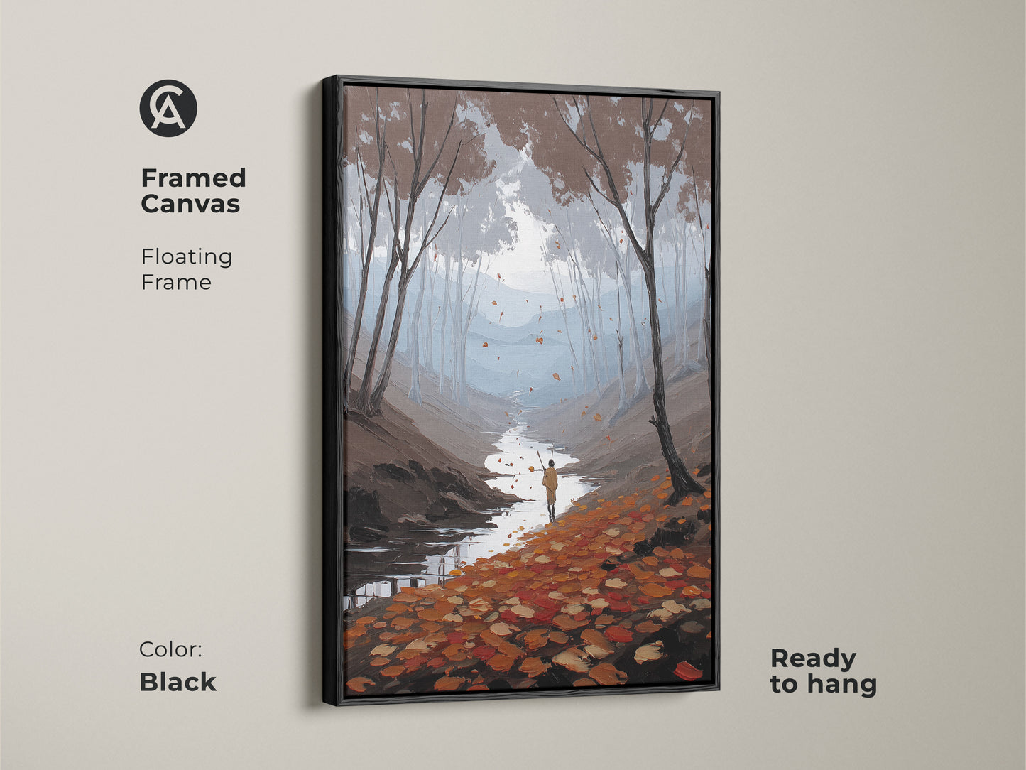 Framed Canvas with black floating frame of autumn forest river art. An impressionist landscape print displays a hiker walking a nature scene. This Scandinavian style decor is ready to hang. The fall leaves wall art will elevate your space.