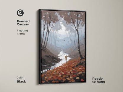 Framed Canvas with black floating frame of autumn forest river art. An impressionist landscape print displays a hiker walking a nature scene. This Scandinavian style decor is ready to hang. The fall leaves wall art will elevate your space.
