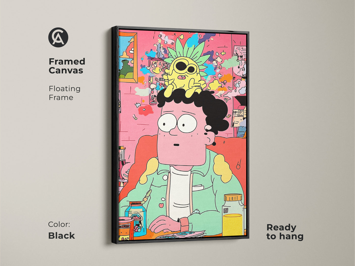 Framed canvas art in a black floating frame. The art features a cartoon man with a pineapple. This modern piece is ready to hang. It will brighten any room with its quirky style.
