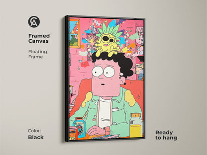 Framed canvas art in a black floating frame. The art features a cartoon man with a pineapple. This modern piece is ready to hang. It will brighten any room with its quirky style.