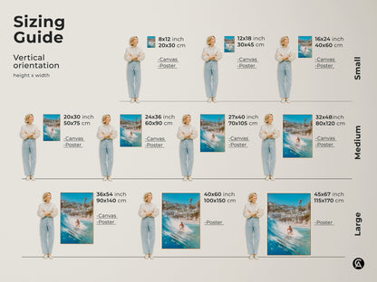 Sizing guide for vertical orientation art prints featuring a surfer riding a wave. Available in small medium and large sizes. Choose from canvas or poster prints. Find the perfect fit for your space with our detailed height and width dimensions.