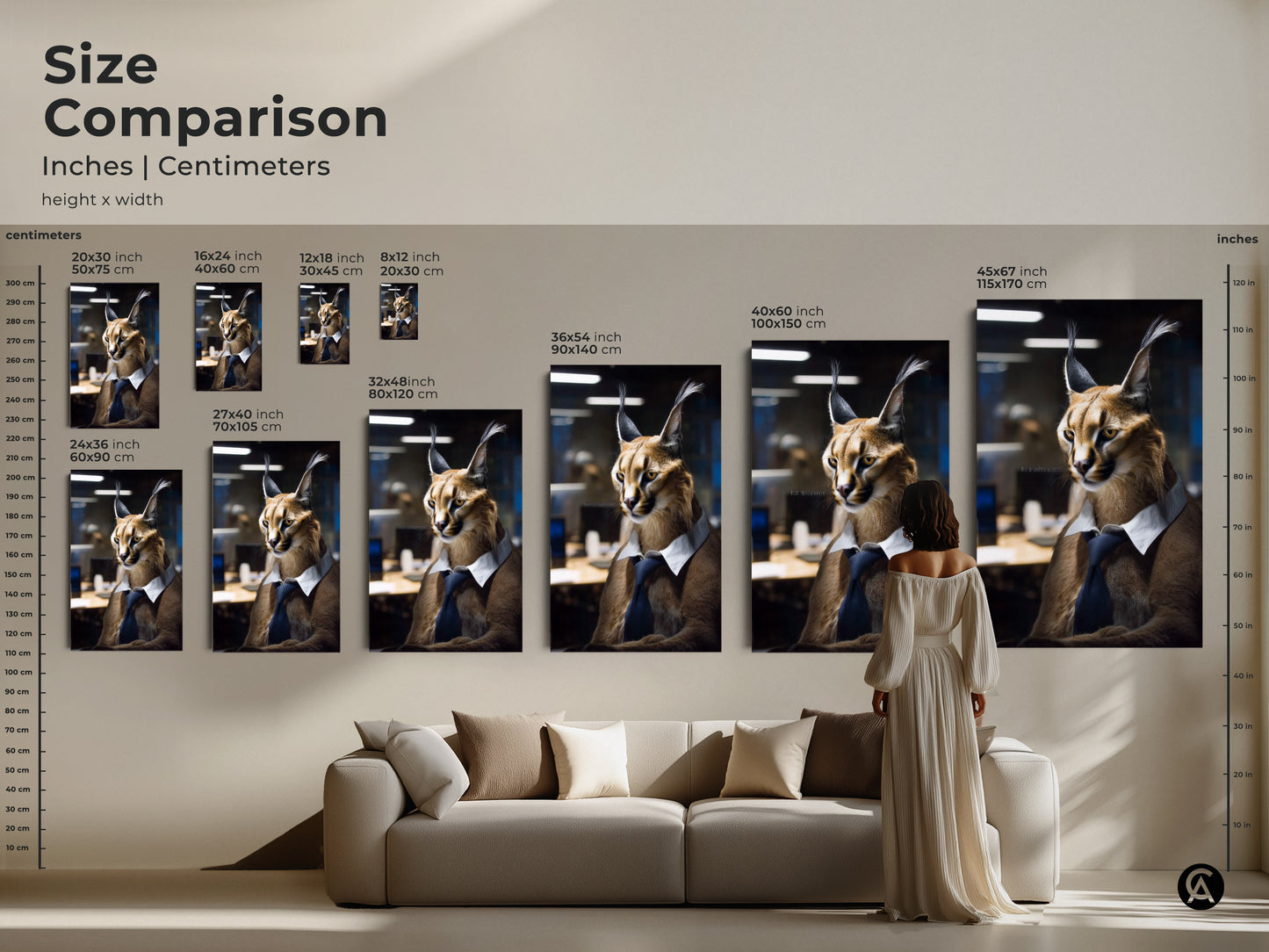 Size comparison for the Caracal artwork. See how each print size fits above a sofa. Available in inches and centimeters. Find the ideal scale for your animal themed office decor now.