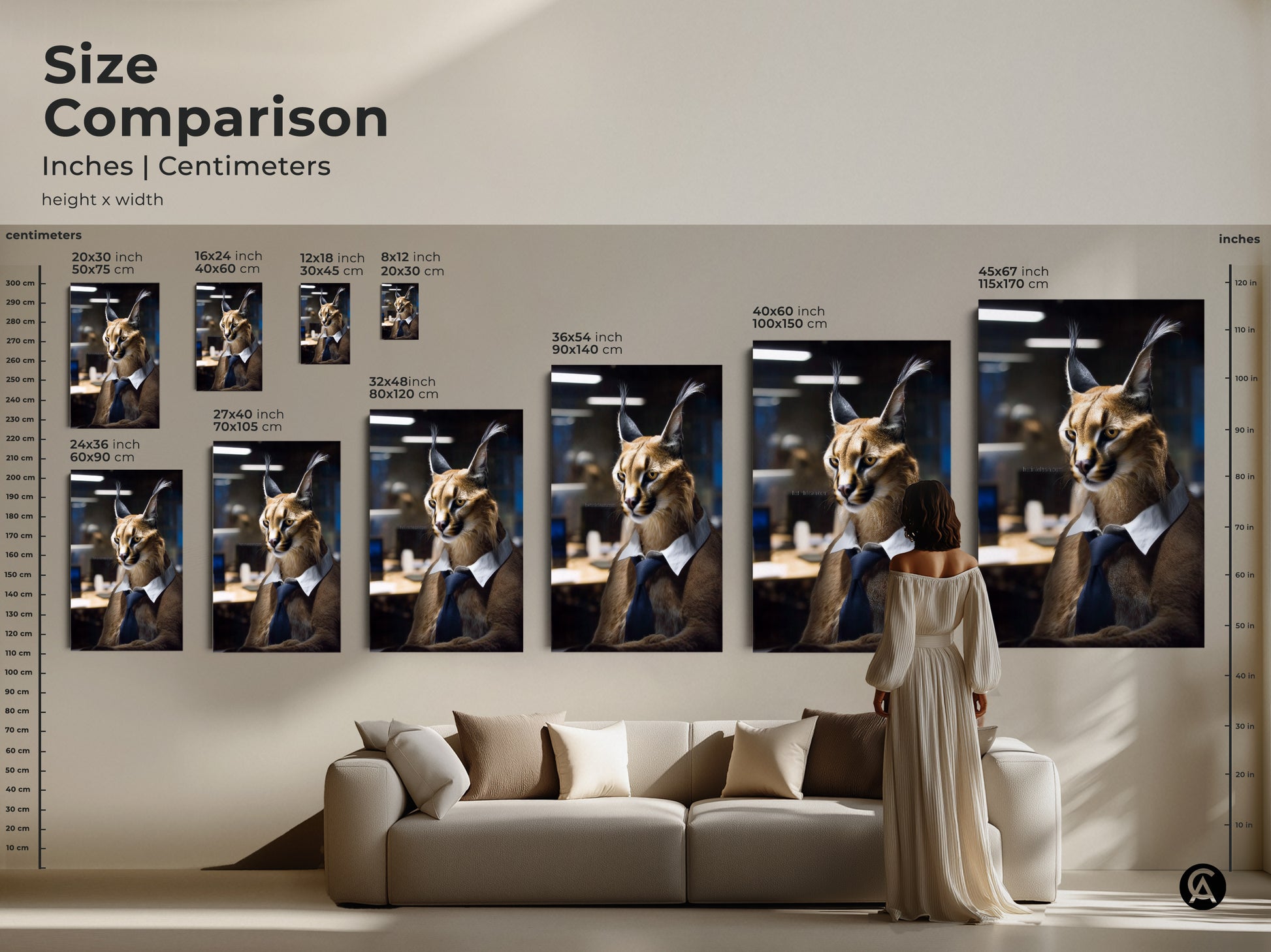 Size comparison for the Caracal artwork. See how each print size fits above a sofa. Available in inches and centimeters. Find the ideal scale for your animal themed office decor now.