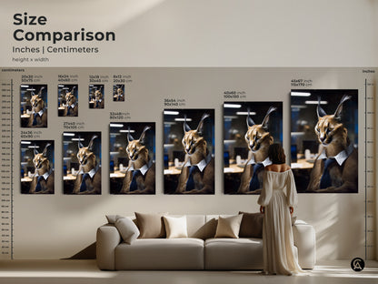 Size comparison for the Caracal artwork. See how each print size fits above a sofa. Available in inches and centimeters. Find the ideal scale for your animal themed office decor now.