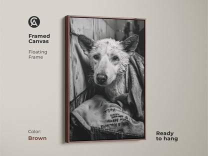 Framed canvas art in brown featuring a wet dog. The floating frame enhances the monochrome artwork. This ready-to-hang piece is ideal for dog lovers and art collectors. The canine art piece adds a touch of humor to your space. It is a unique decor option.