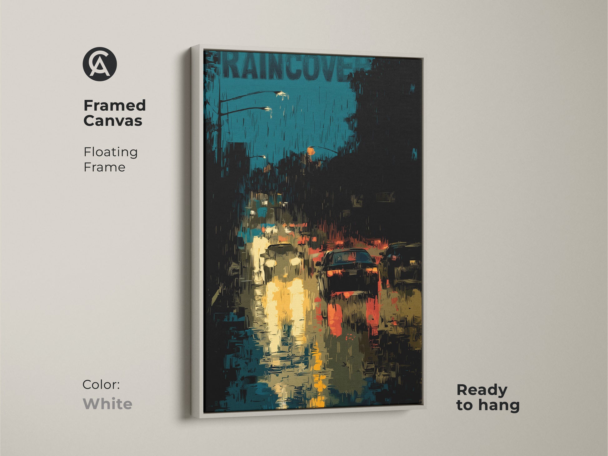 This framed canvas in white showcases urban cityscape artwork. It is a rainy city street scene with contemporary teal and black colors. The yellow streetlight print is ready to hang. The car traffic artwork is modern apartment decor. This floating frame enhances the city night canvas.