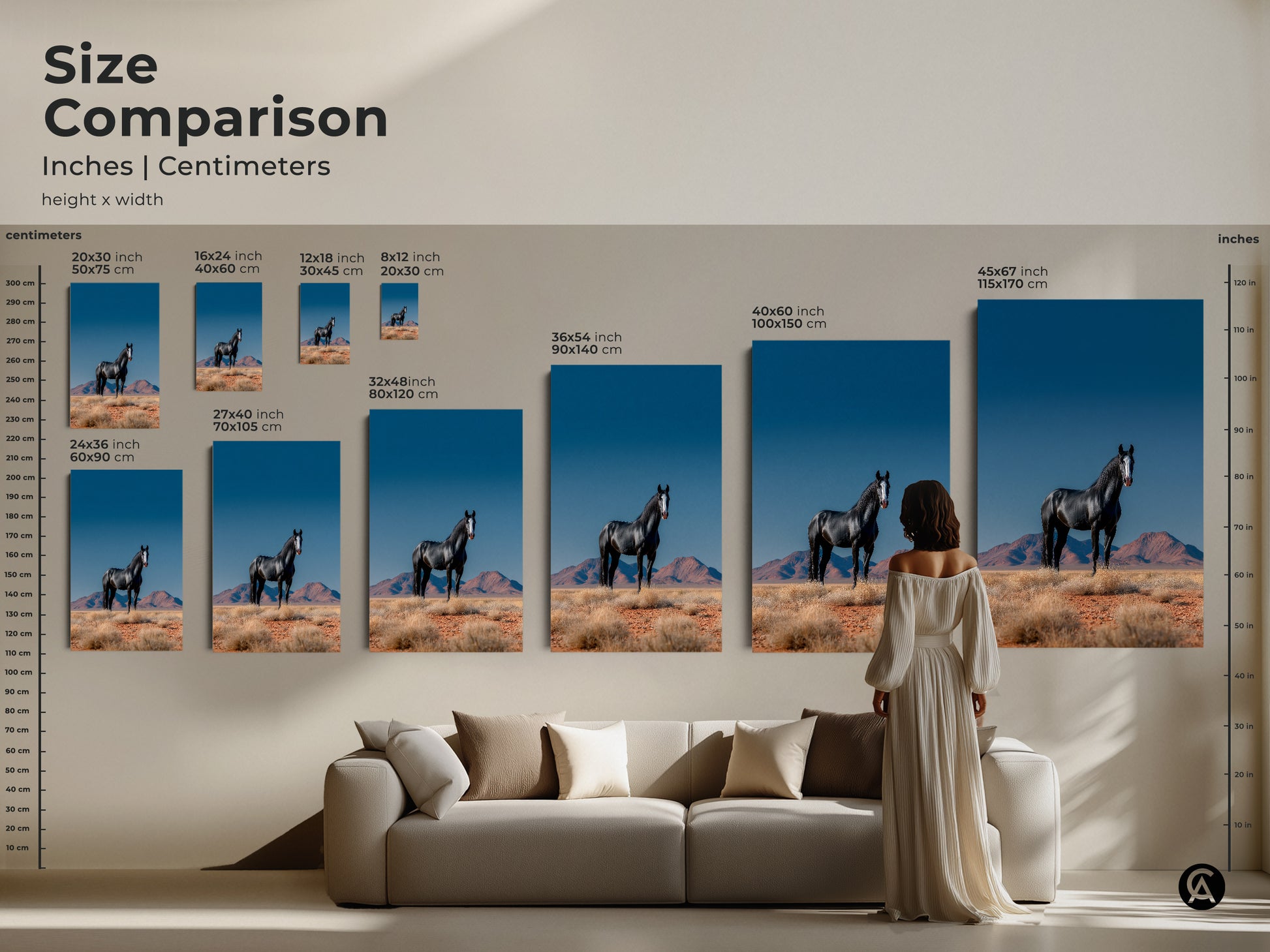 Size comparison of black horse artwork prints. See how different sizes fit above a couch. Ranging from 20x30 inch to 45x67 inch. Available in canvas and poster. Find the perfect scale for your modern farmhouse wall decor.