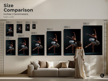 Size comparison of ballerina art prints in inches and centimeters. Visualize the impact of different sizes on your wall. Choose from various dimensions. Perfect for any room size and interior style.