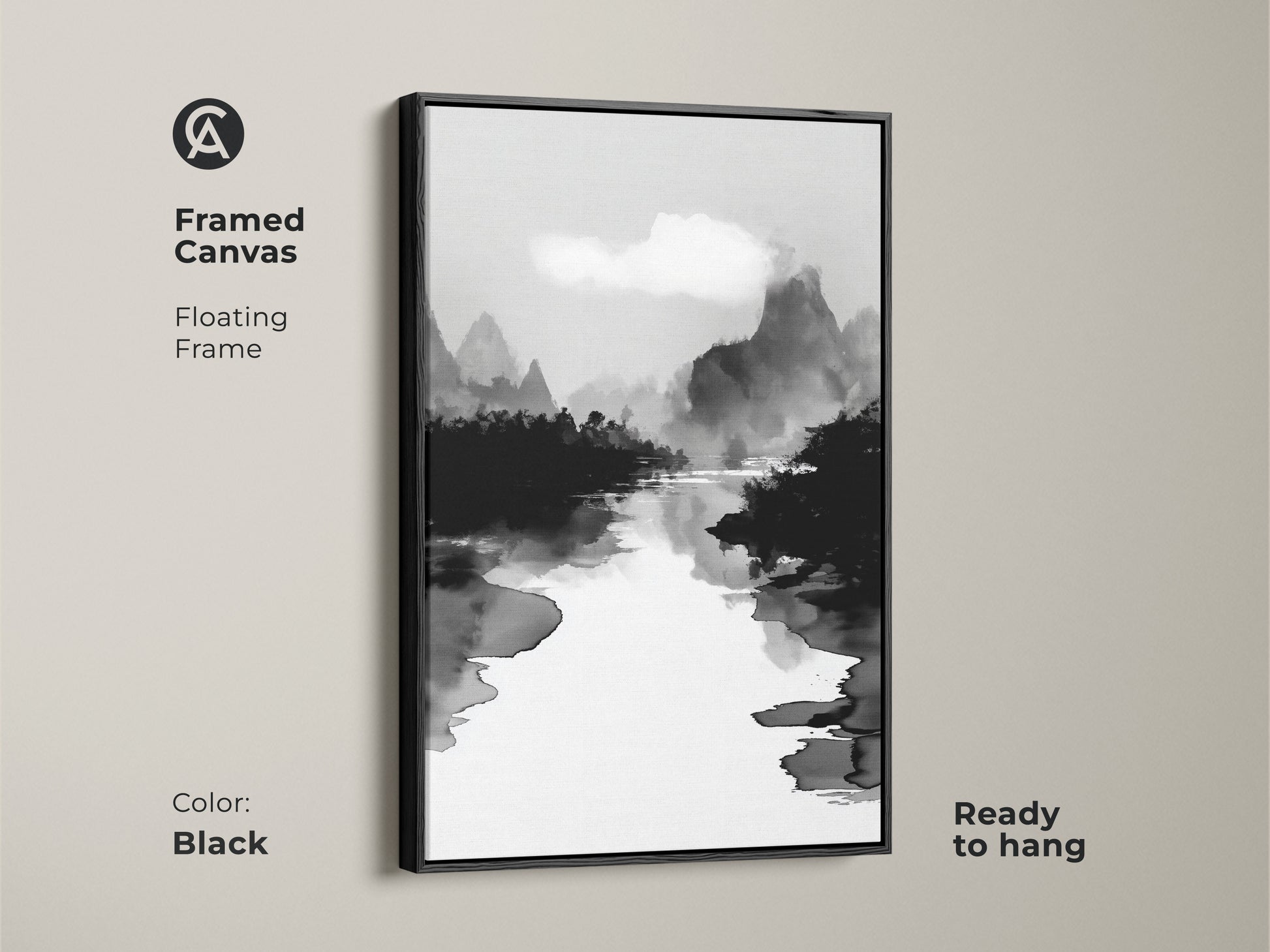 Framed canvas in black displaying a black white ink wash art print. The minimalist mountain river landscape canvas adds calm nature wall decor. The Japanese Sumi-e style artwork is ready to hang. This monochrome home decor enhances any space with serene mountain view art.