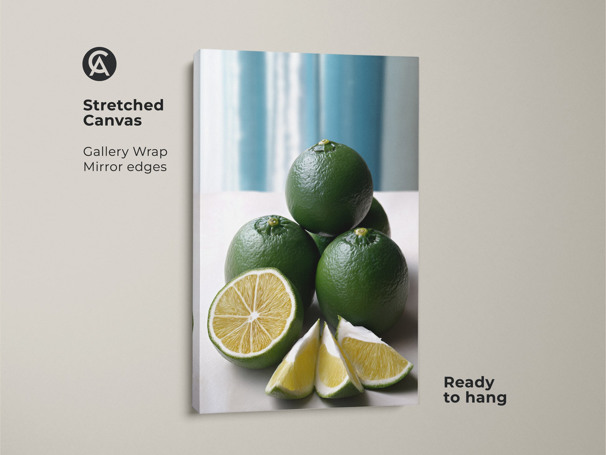 Stretched canvas gallery wrap of a green lime still life. The mirror edges enhance this modern minimalist kitchen decor. Ideal for adding a fresh touch with this botanical citrus fruit artwork.