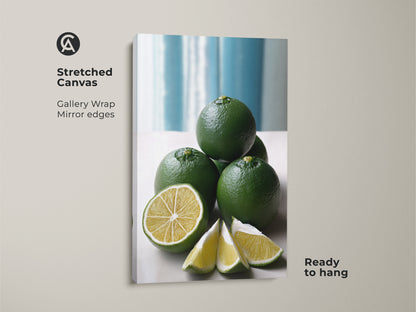 Stretched canvas gallery wrap of a green lime still life. The mirror edges enhance this modern minimalist kitchen decor. Ideal for adding a fresh touch with this botanical citrus fruit artwork.