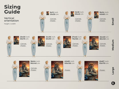This sizing guide showcases the cheetah race car driver canvas and poster prints in various sizes. Visualize the artwork in your space with different height and width options. Find the perfect fit for this unique office wall art.