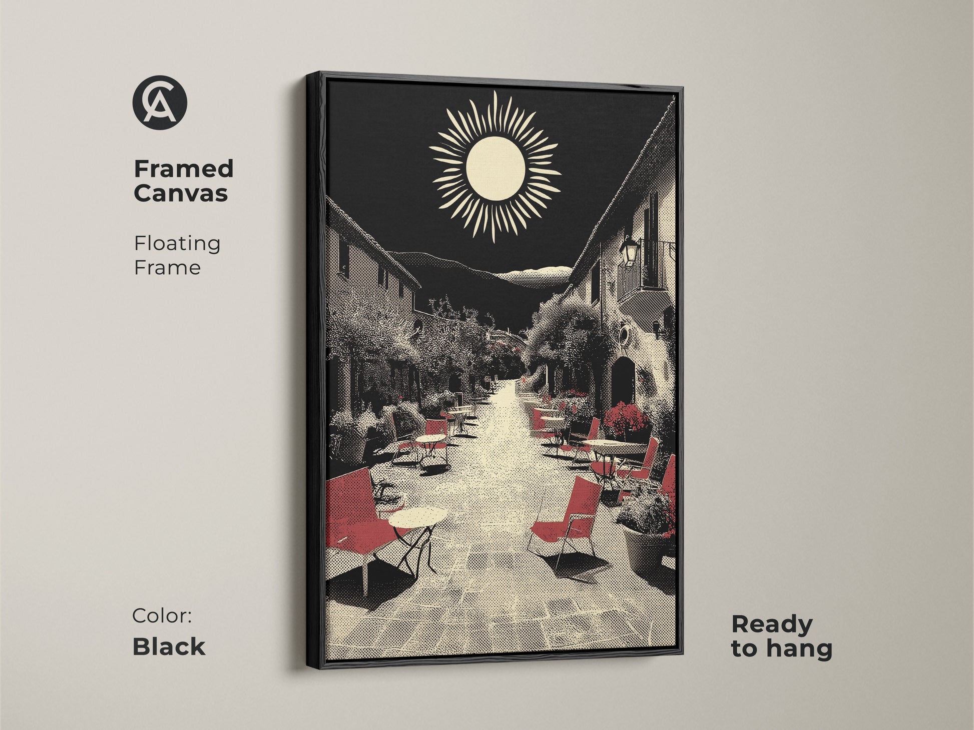This framed canvas showcases Mediterranean village street artwork in a black floating frame. The ready-to-hang housewarming art features red seating in a retro sun landscape. Black and beige wall decor accentuates this European cafe scene. Perfect for travel enthusiasts seeking wanderlust wall decor and vintage travel art.