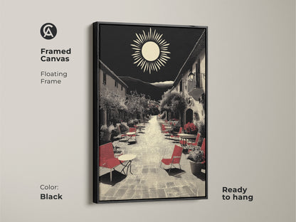 This framed canvas showcases Mediterranean village street artwork in a black floating frame. The ready-to-hang housewarming art features red seating in a retro sun landscape. Black and beige wall decor accentuates this European cafe scene. Perfect for travel enthusiasts seeking wanderlust wall decor and vintage travel art.