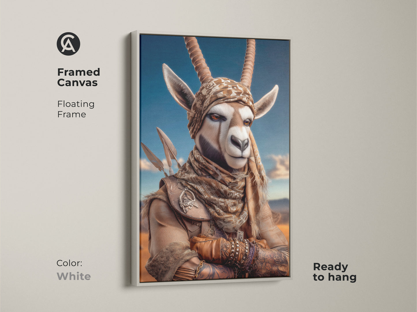 White framed canvas art featuring tribal gazelle canvas. This spiritual warrior animal print adds eclectic style. The fantasy animal portrait is ready to hang. A unique piece for any room looking for ethnic-inspired decor.