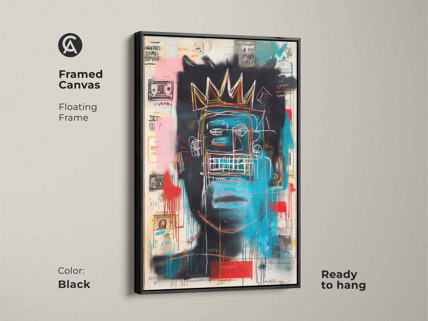 Framed canvas of Basquiat style artwork. A black floating frame enhances the blue face with a crown. The artwork is ready to hang. Perfect for adding a touch of modern art. This framed art makes a statement. Shop now for museum-quality canvas.
