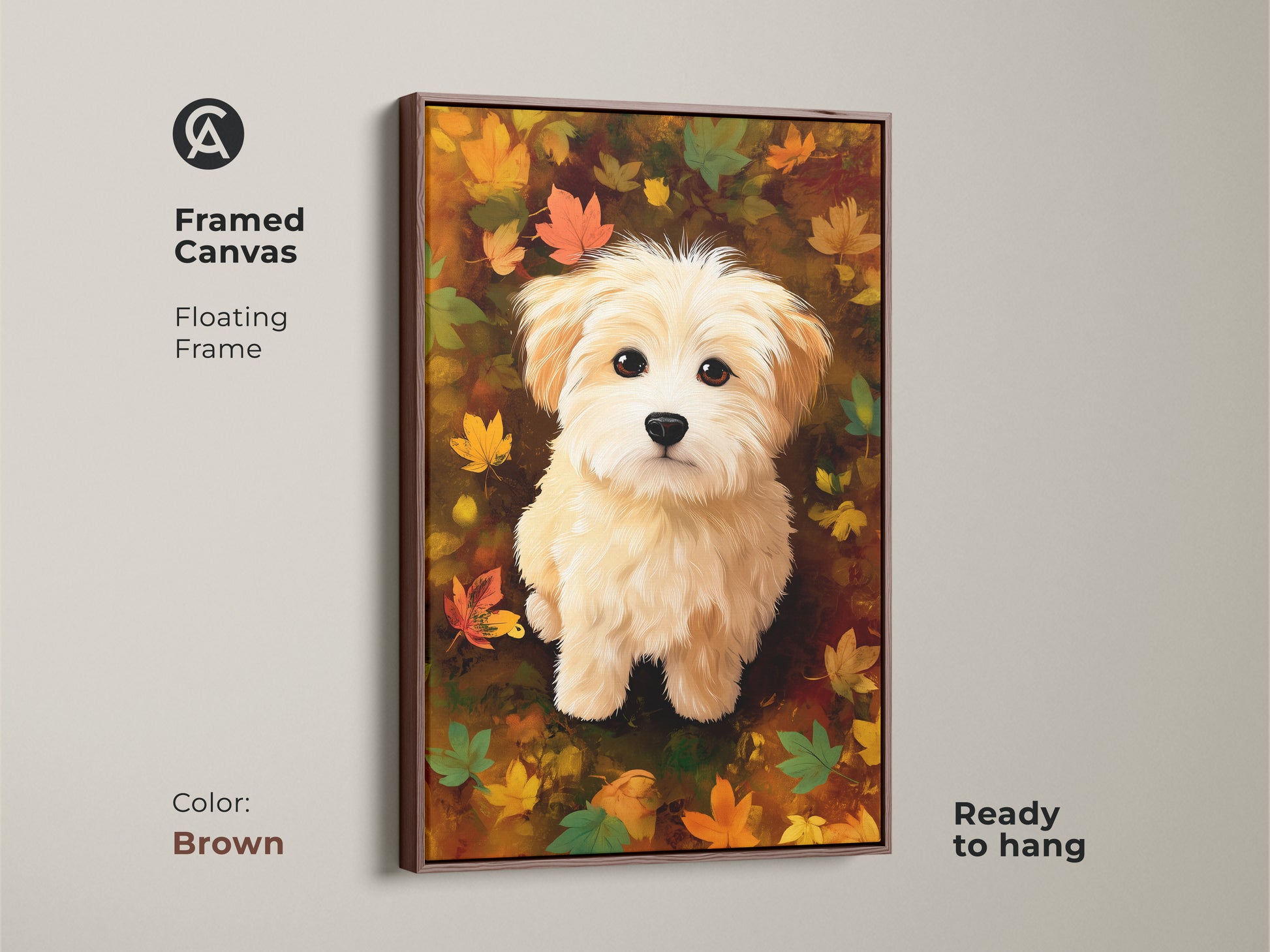 Framed canvas featuring a maltipoo puppy surrounded by fall foliage. The artwork is displayed in a brown floating frame. This ready-to-hang dog art brings warmth and charm to your decor.