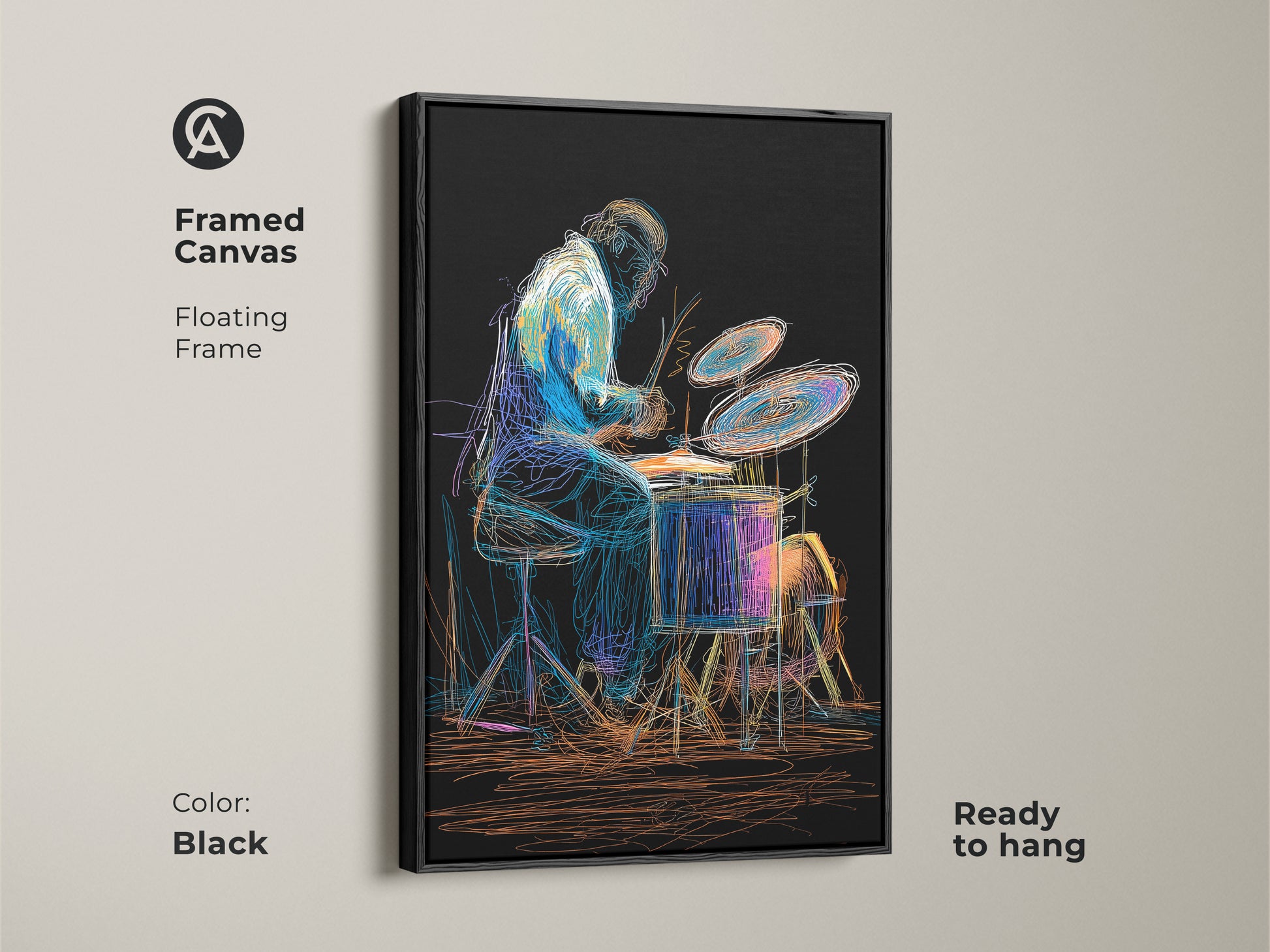 Framed canvas art showcases a drummer in abstract style ready to hang. The floating frame adds sophistication to this eclectic home decor piece. A great gift for music enthusiasts and art collectors bring musical energy